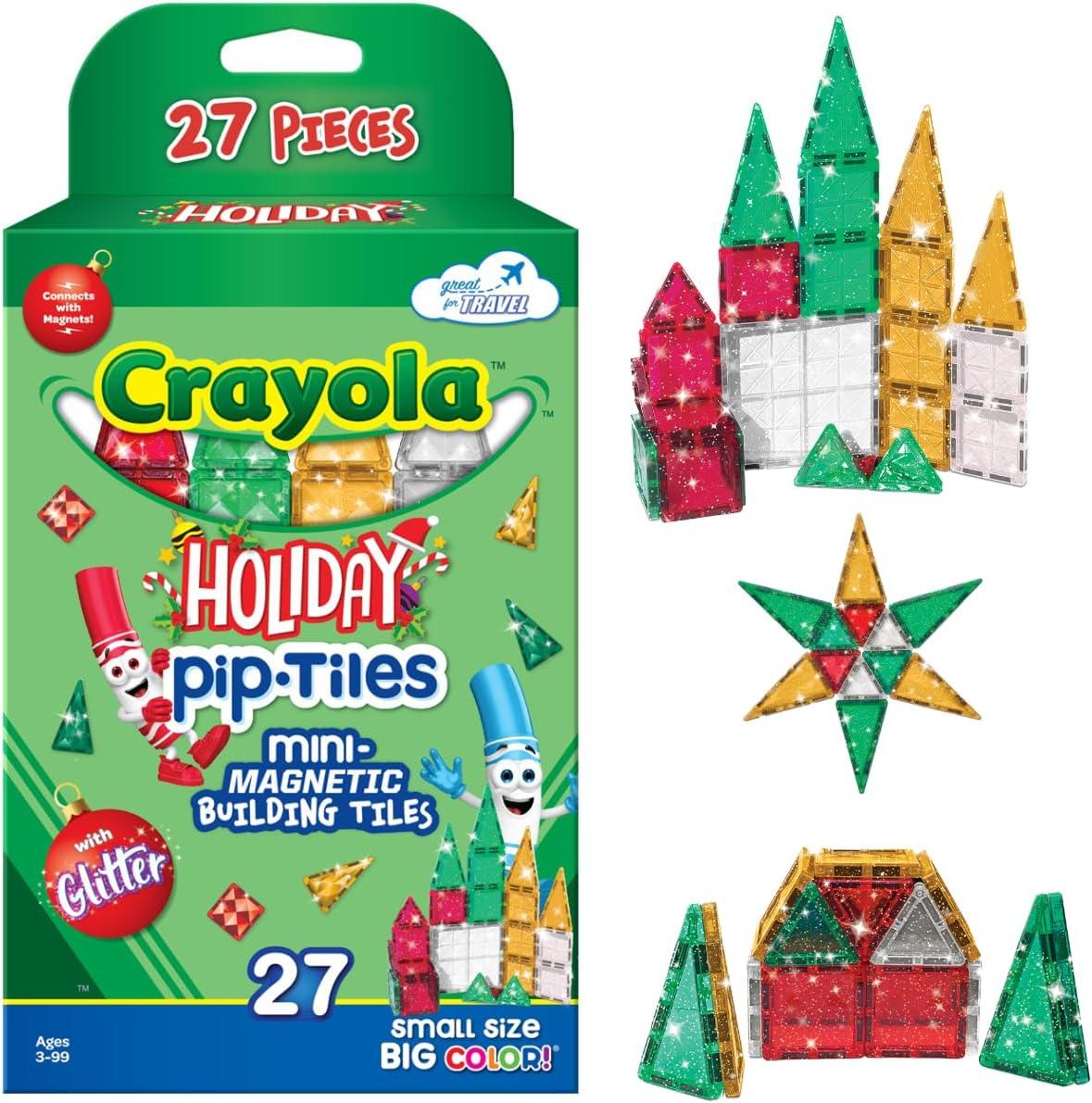 CreateOn Crayola Holiday Glitter Mini Micro Nano PIP Magnetic Tiles, Magnetic Kids’ Building Toys, STEM Learning Travel Toys for Boys and Girls, 27-Piece Set