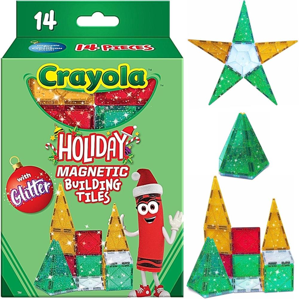 CreateOn Crayola Holiday Glitter Magnetic Tiles, Building Set for Kids, Magnetic Building Toys for Kids, STEM Travel Toys for Boys and Girls Ages 3+, 14-Piece Set (Holiday Glitter)(Holiday Glitter)