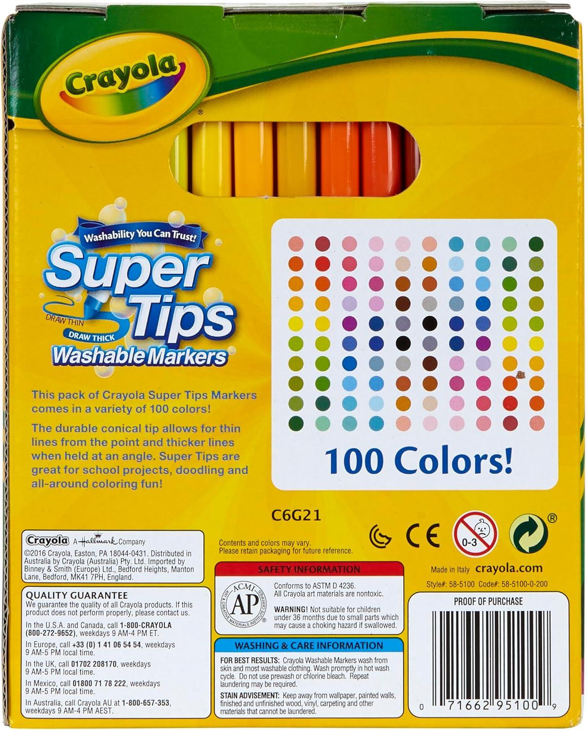 Crayola Super Tips Marker Set (100ct), Fine Point Washable Markers, Drawing Markers for Kids & Adults, Create Thick & Thin Lines, Art Supplies, Ages 3+(100 Count (Pack of 1))