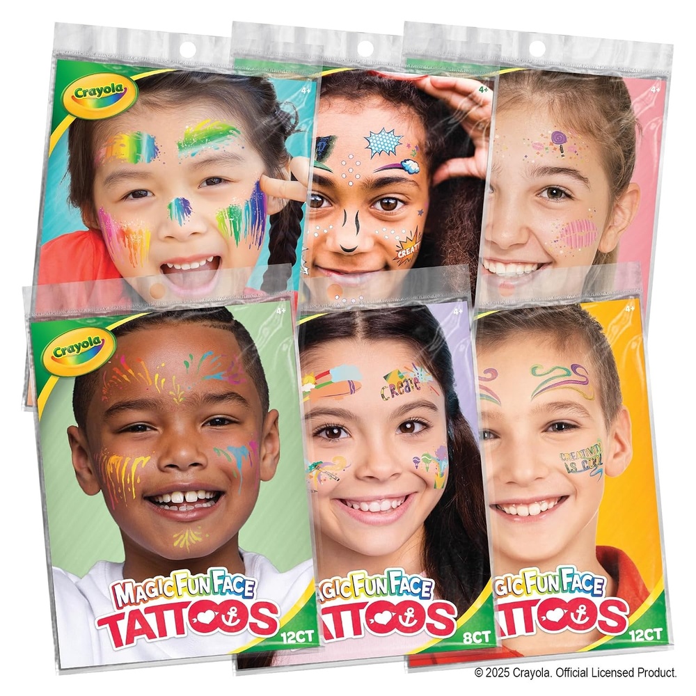 Crayola Magic Fun Face Temporary Tattoos Variety Pack, 100+ Kids’ Tattoos, Fun Character & Expression Designs, Ages 4+