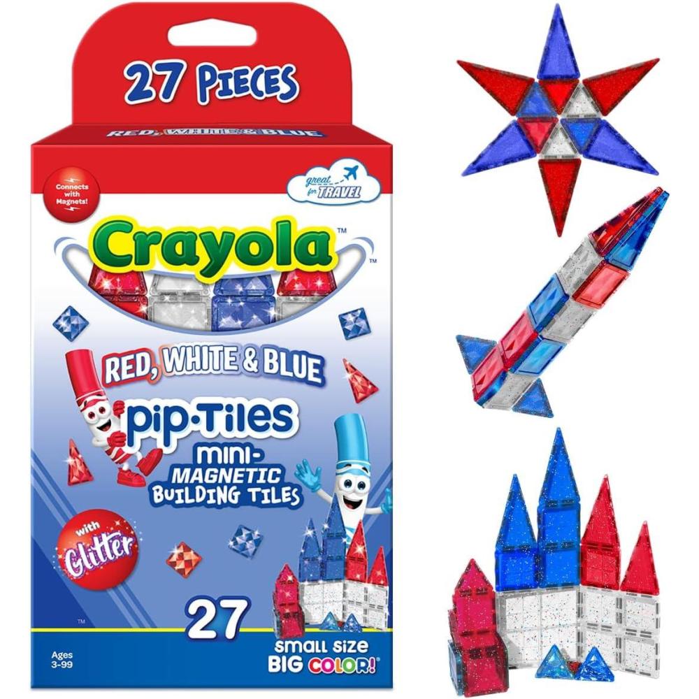 CreateOn Crayola Red, White & Blue Glitter PIP Magnetic Tiles, Magnetic Kids’ Building Toys, Classroom Sensory Blocks, STEM Learning Travel Toys for Boys and Girls, 27-Piece Set