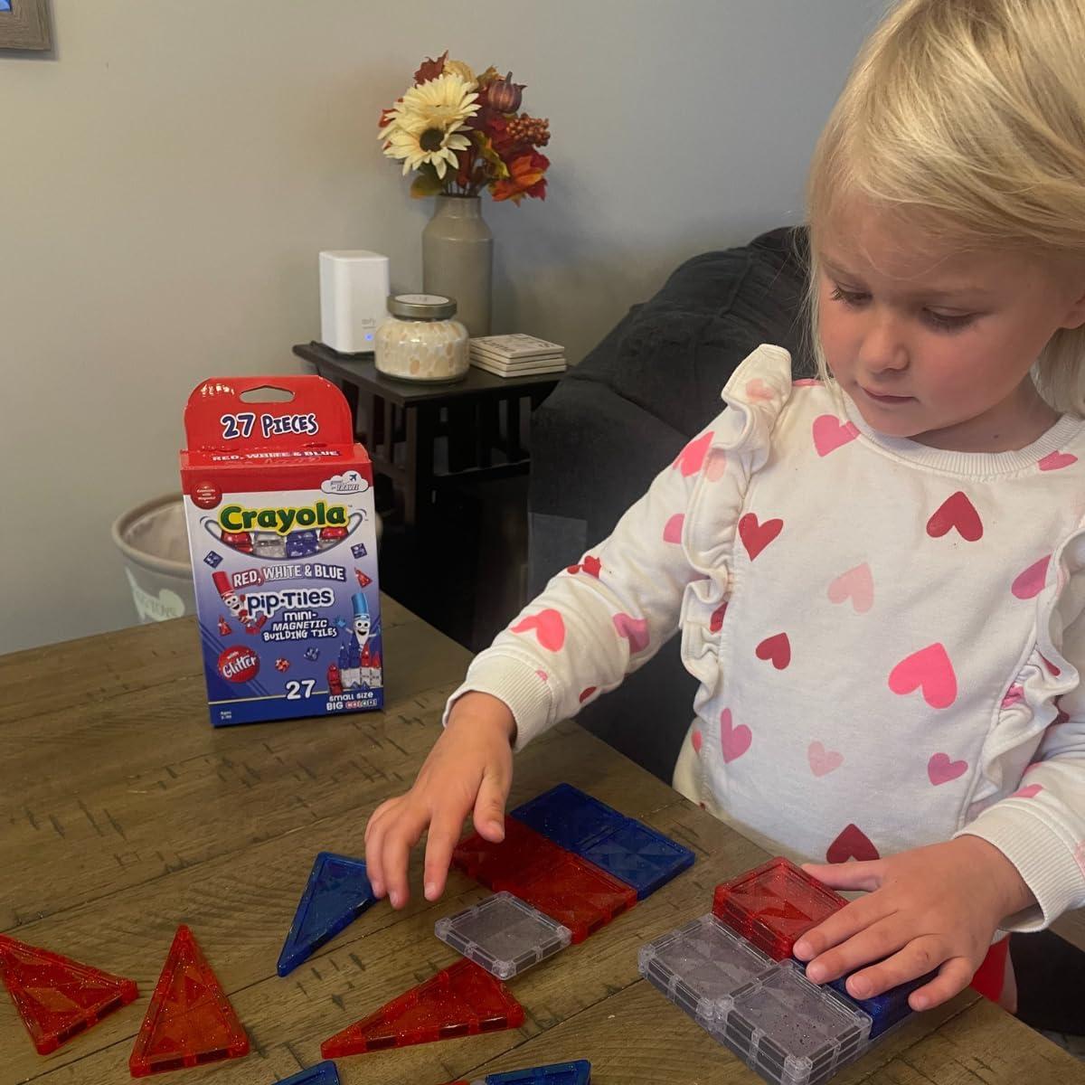 CreateOn Crayola Red, White & Blue Glitter PIP Magnetic Tiles, Magnetic Kids’ Building Toys, Classroom Sensory Blocks, STEM Learning Travel Toys for Boys and Girls, 27-Piece Set