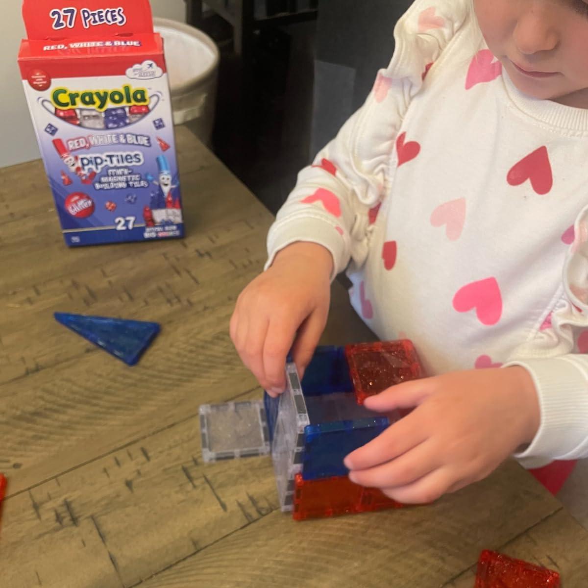 CreateOn Crayola Red, White & Blue Glitter PIP Magnetic Tiles, Magnetic Kids’ Building Toys, Classroom Sensory Blocks, STEM Learning Travel Toys for Boys and Girls, 27-Piece Set