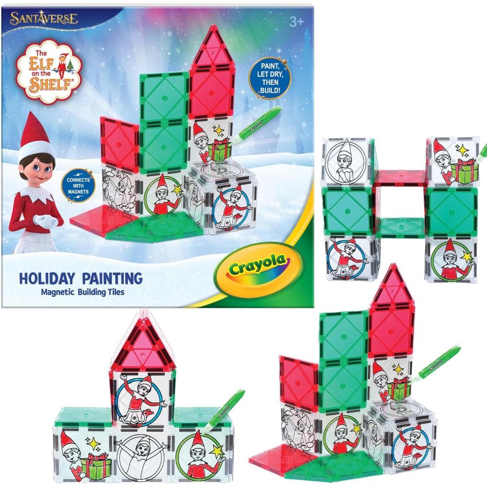 CreateOn Crayola Elf on The Shelf Paint On Tiles, Magnetic Building Tiles Kit with Crayola Paint Tubes | Christmas Holiday Craft Toy | 18-Piece Magnetic Construction & Painting Set for Kids Ages 3+