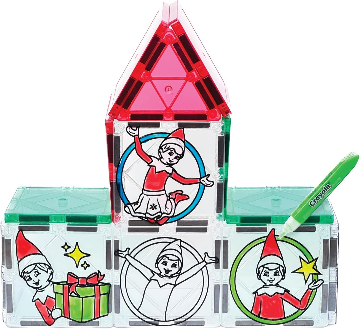 CreateOn Crayola Elf on The Shelf Paint On Tiles, Magnetic Building Tiles Kit with Crayola Paint Tubes | Christmas Holiday Craft Toy | 18-Piece Magnetic Construction & Painting Set for Kids Ages 3+