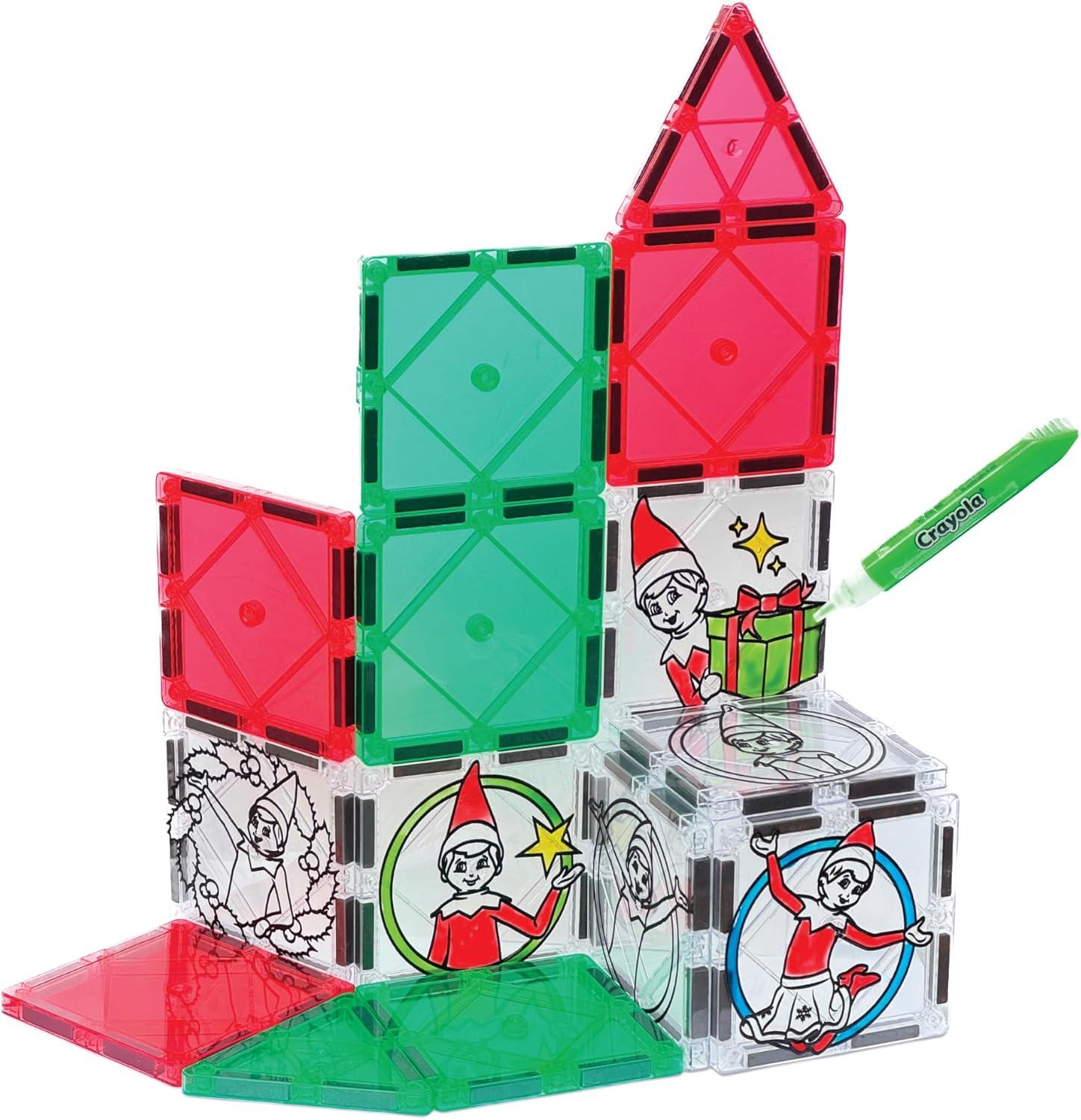 CreateOn Crayola Elf on The Shelf Paint On Tiles, Magnetic Building Tiles Kit with Crayola Paint Tubes | Christmas Holiday Craft Toy | 18-Piece Magnetic Construction & Painting Set for Kids Ages 3+