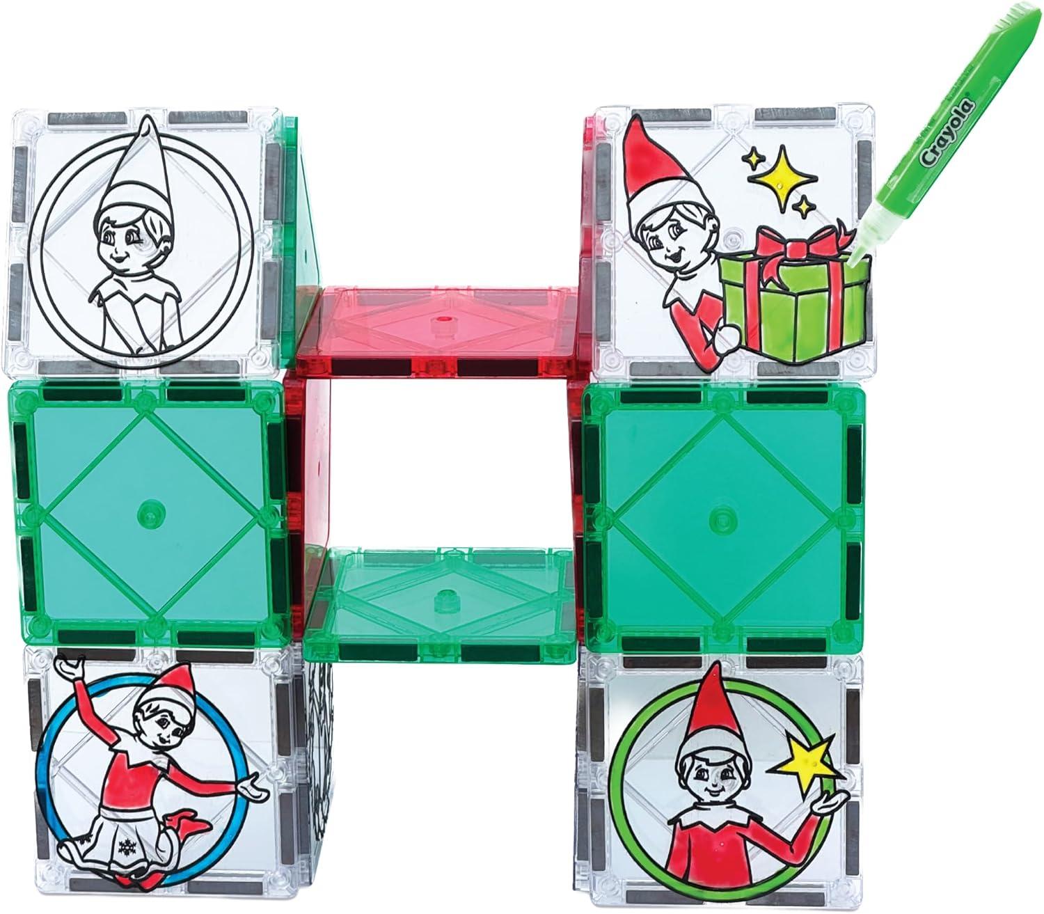 CreateOn Crayola Elf on The Shelf Paint On Tiles, Magnetic Building Tiles Kit with Crayola Paint Tubes | Christmas Holiday Craft Toy | 18-Piece Magnetic Construction & Painting Set for Kids Ages 3+