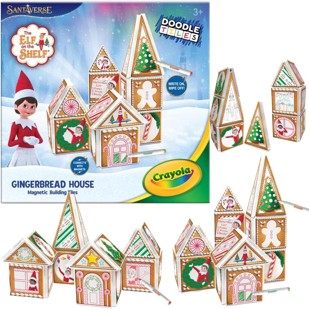 CreateOn Crayola Elf on The Shelf Gingerbread House – Magnetic Building Tiles Kit with Crayola Markers, Christmas Holiday Craft Toy, 33-Piece Magnetic Construction & Coloring Set for Kids Ages 3+