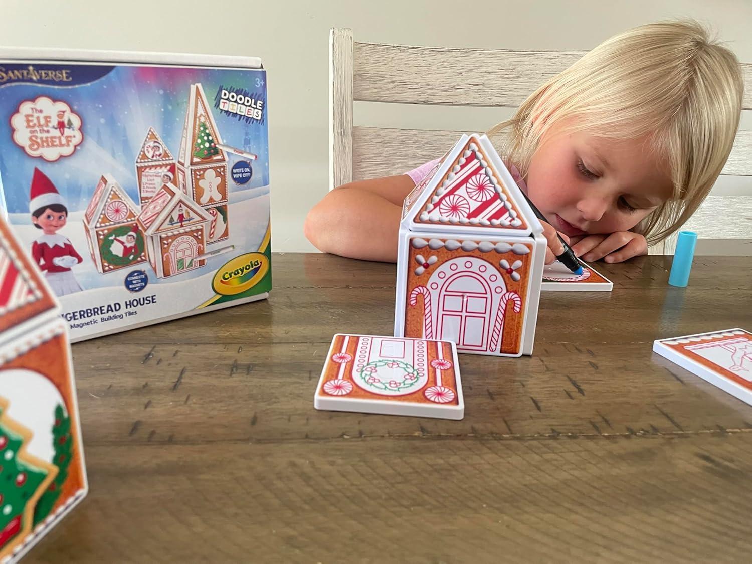 CreateOn Crayola Elf on The Shelf Gingerbread House – Magnetic Building Tiles Kit with Crayola Markers, Christmas Holiday Craft Toy, 33-Piece Magnetic Construction & Coloring Set for Kids Ages 3+