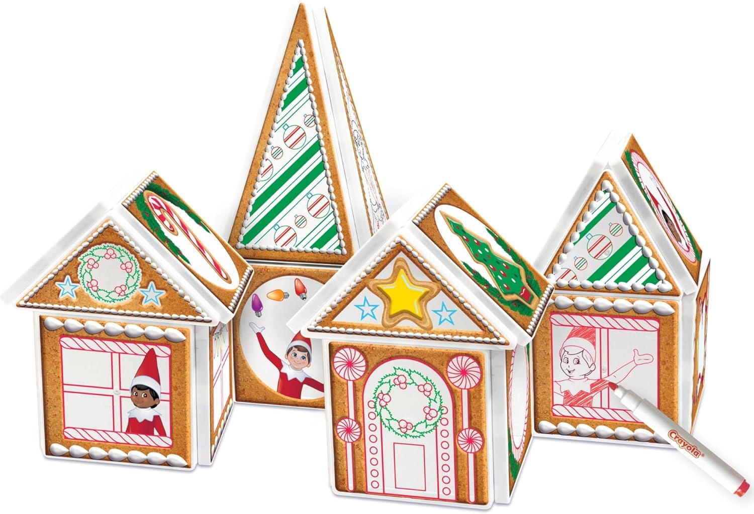 CreateOn Crayola Elf on The Shelf Gingerbread House – Magnetic Building Tiles Kit with Crayola Markers, Christmas Holiday Craft Toy, 33-Piece Magnetic Construction & Coloring Set for Kids Ages 3+