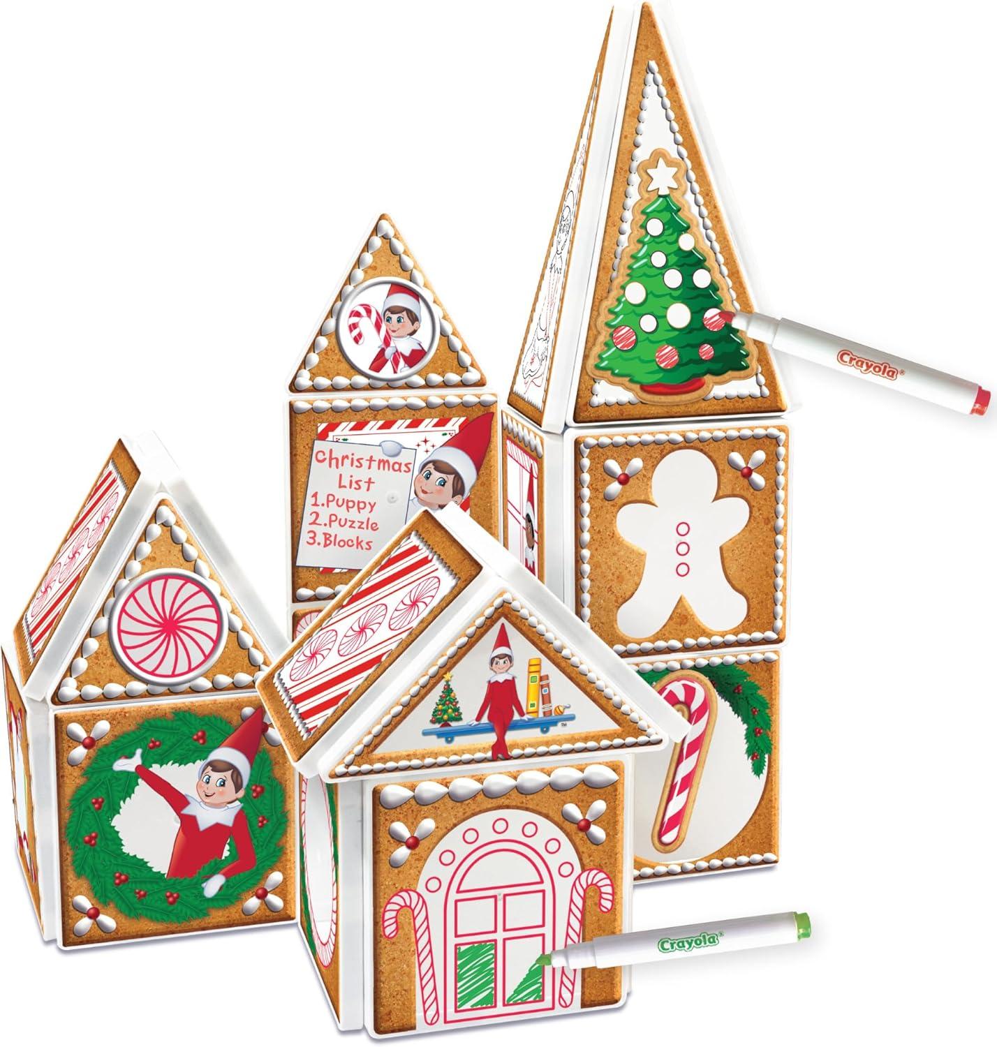 CreateOn Crayola Elf on The Shelf Gingerbread House – Magnetic Building Tiles Kit with Crayola Markers, Christmas Holiday Craft Toy, 33-Piece Magnetic Construction & Coloring Set for Kids Ages 3+