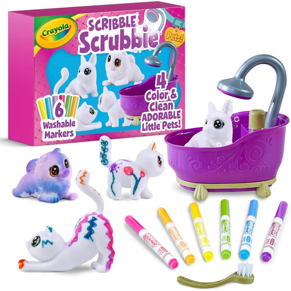Crayola Scribble Scrubbies Glam Pack (4 Pets), Holiday for Kids, Washable Pet Care Toy, Coloring Animal Craft, Stocking Stuffer Toys for Girls & Boys, 3+(Glam Pack)