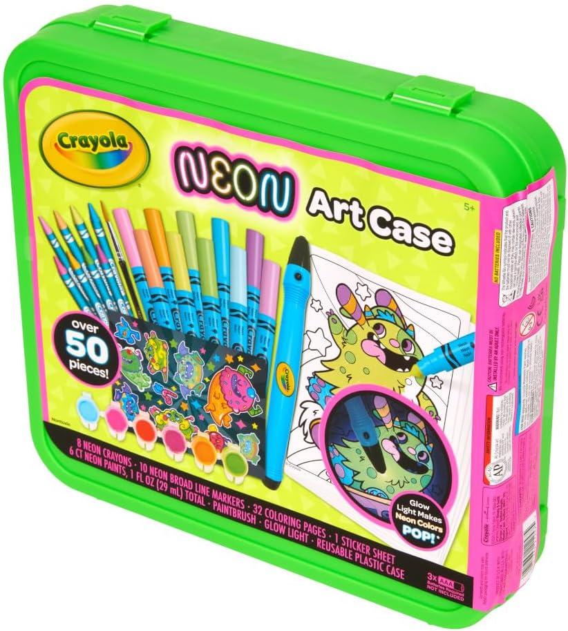Crayola Neon Art Case (50+pcs), Holiday for Boys & Girls, Neon Paint, Markers & Crayons, Kids Glow in The Dark Art Set, Ages 5+(Neon)