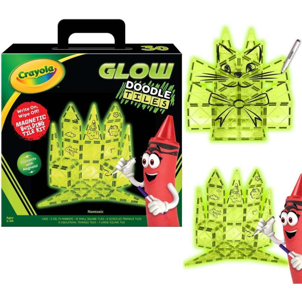 CreateOn Crayola Glow Doodle Magentic Tiles – Magnetic Building Toys for Kids, STEM Toys for Boys and Girls Ages 3+, 30-Piece Set