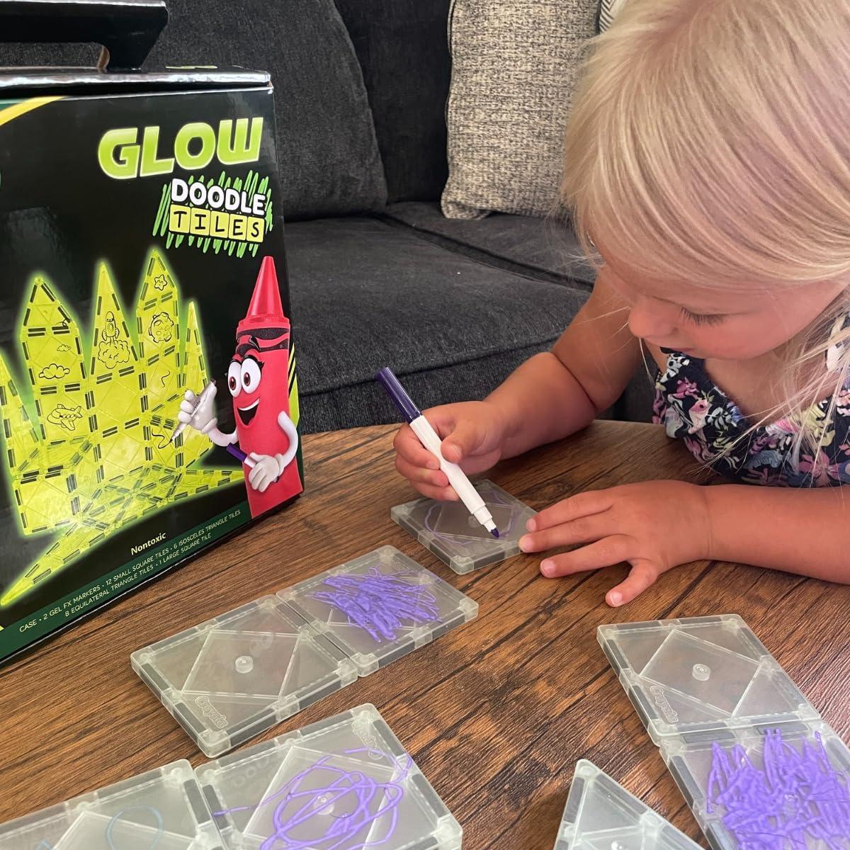 CreateOn Crayola Glow Doodle Magentic Tiles – Magnetic Building Toys for Kids, STEM Toys for Boys and Girls Ages 3+, 30-Piece Set