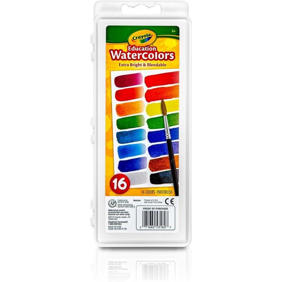 Crayola Watercolor Paint Set (16 Count), Washable Paint for Kids, 1 Paint Brush, Arts & Crafts Supplies, Assorted Colors, Ages 4+