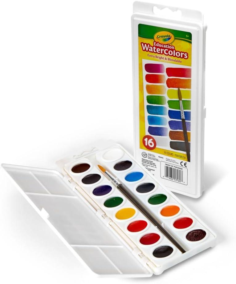 Crayola Watercolor Paint Set (16 Count), Washable Paint for Kids, 1 Paint Brush, Arts & Crafts Supplies, Assorted Colors, Ages 4+