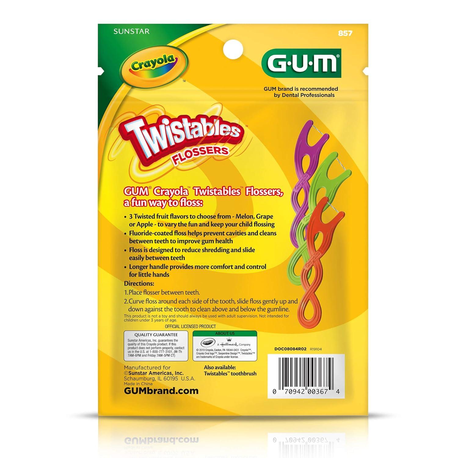 GUM Crayola Twistables Kids Flossers with Fluoride – Designed for Little Hands – Three Fun Fruit Flavors – Easy to Use Kids Floss Picks for Children Ages 3+, 75 Count