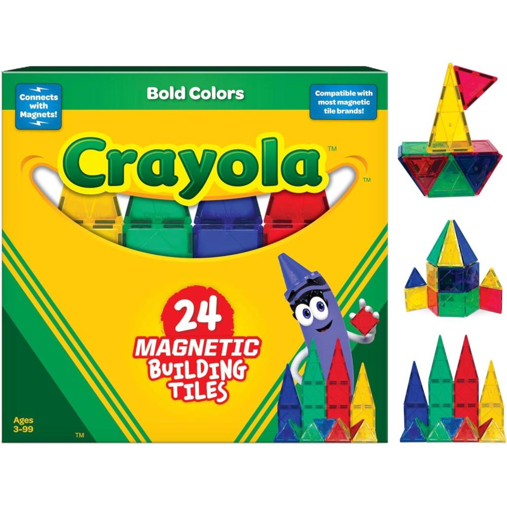 CreateOn Crayola Glitter Magnetic Tiles, Building Set for Kids, Magnetic Tiles, Kids’ Building Toys, STEM & Montessori Toys for Boys and Girls Ages 3+, 24-Piece Set (Glitter)(Bold)