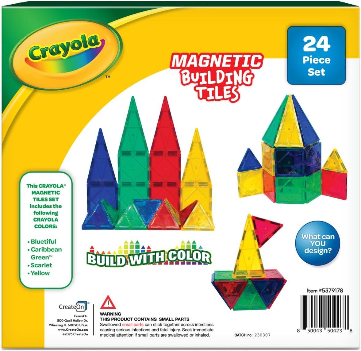 CreateOn Crayola Glitter Magnetic Tiles, Building Set for Kids, Magnetic Tiles, Kids’ Building Toys, STEM & Montessori Toys for Boys and Girls Ages 3+, 24-Piece Set (Glitter)(Bold)