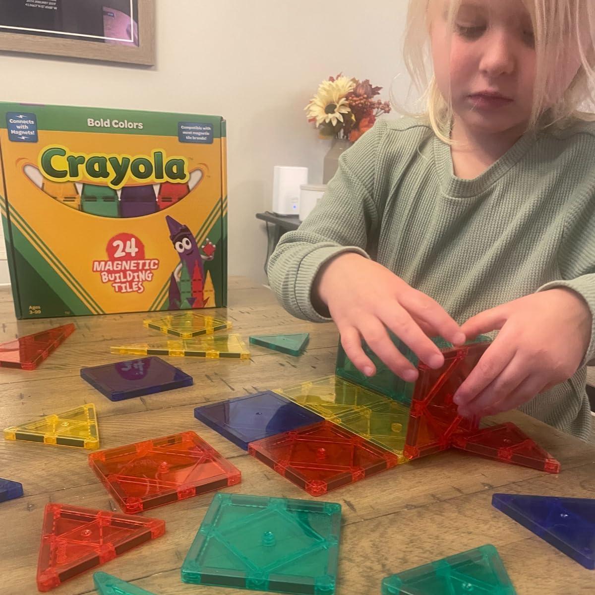 CreateOn Crayola Glitter Magnetic Tiles, Building Set for Kids, Magnetic Tiles, Kids’ Building Toys, STEM & Montessori Toys for Boys and Girls Ages 3+, 24-Piece Set (Glitter)(Bold)