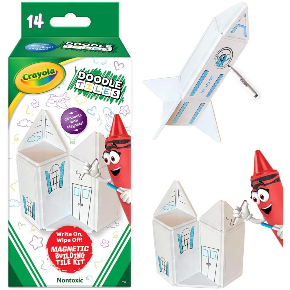 CreateOn Crayola Holiday Glitter Magnetic Tiles, Building Set for Kids, Magnetic Building Toys for Kids, STEM Travel Toys for Boys and Girls Ages 3+, 14-Piece Set (Holiday Glitter)(Doodle)