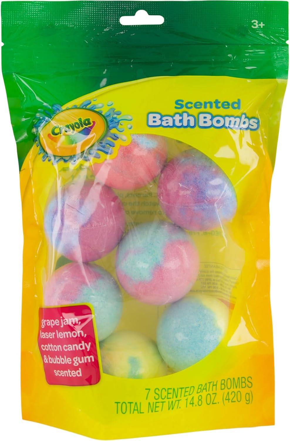 Crayola Colorful Scented Bath Bombs for Kids, Color You Bath Non-Toxic Bathbomb Fizzies for Boys Girls Holiday Stocking Stuffer, Grape Jam, Laser Lemon, Cotton Candy, & Bubble Gum Scents(7 Count (Pack of 1))