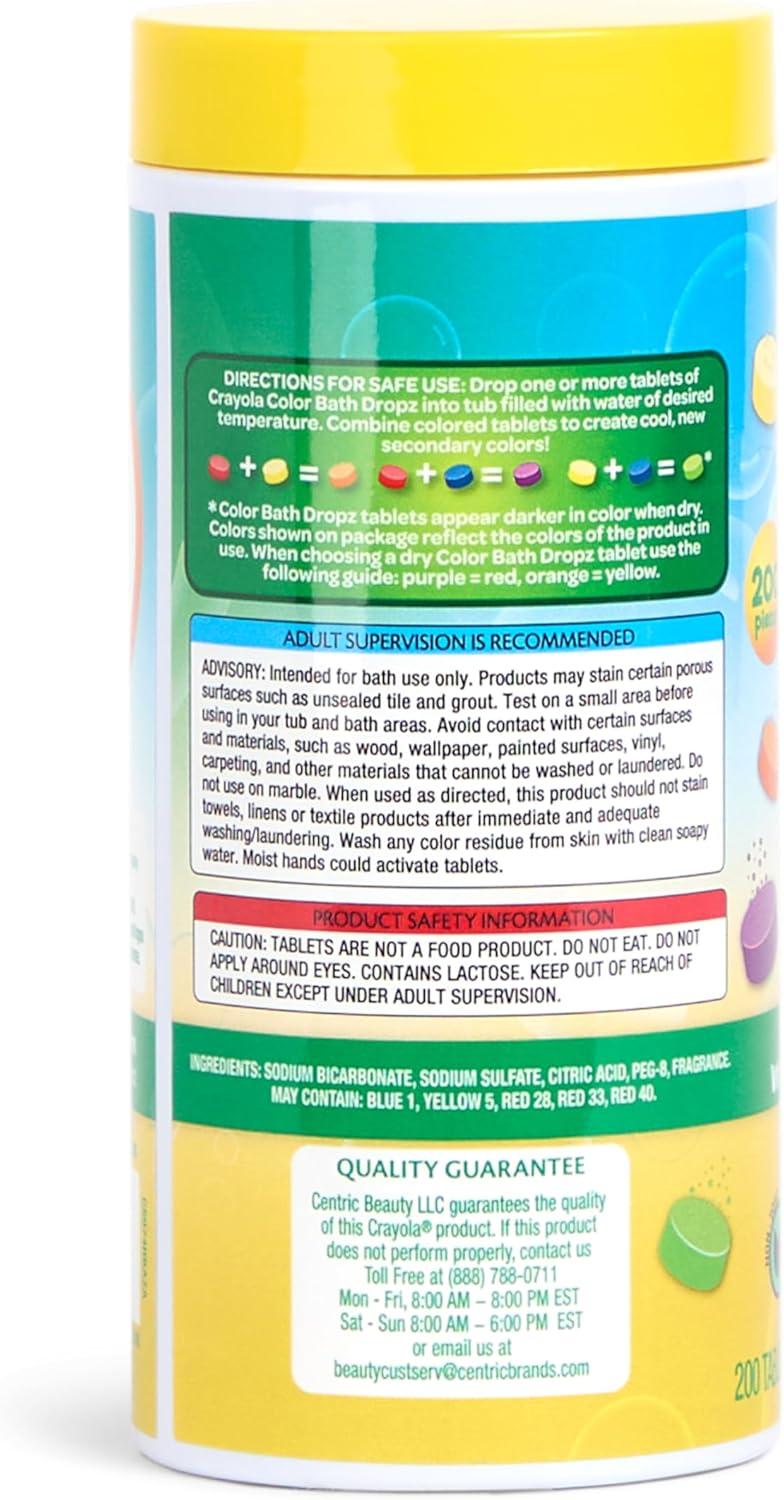 Crayola Bath Dropz Color Changing Tablets, 200 Piece Fizzies Bath Bombs in Assorted Colors, Fragrance Free, Water-Coloring Tablets