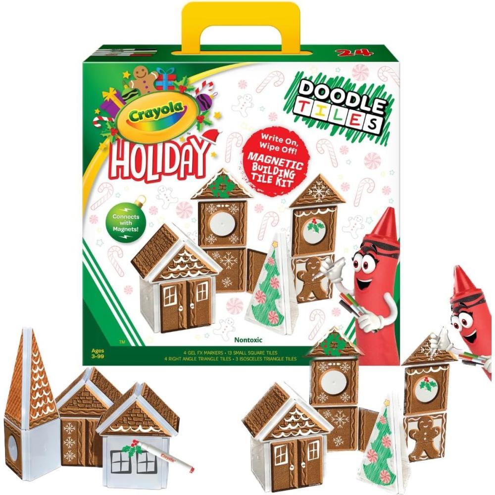 CreateOn Crayola Gingerbread House Magnetic Tiles, 24pc Holiday Christmas Building Set, STEM Educational Toys for Kids Ages 3+, Magnetic Construction Playset for Creative Learning & Gifts(Gingerbread House)