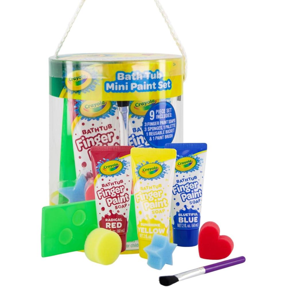 Crayola Bath Tub Mini Paint Set 9 Piece Art Kit – Brushes, Sponges, & Wash Away Finger Paints, Blue Yellow & Red Color Tub Fingerpaints