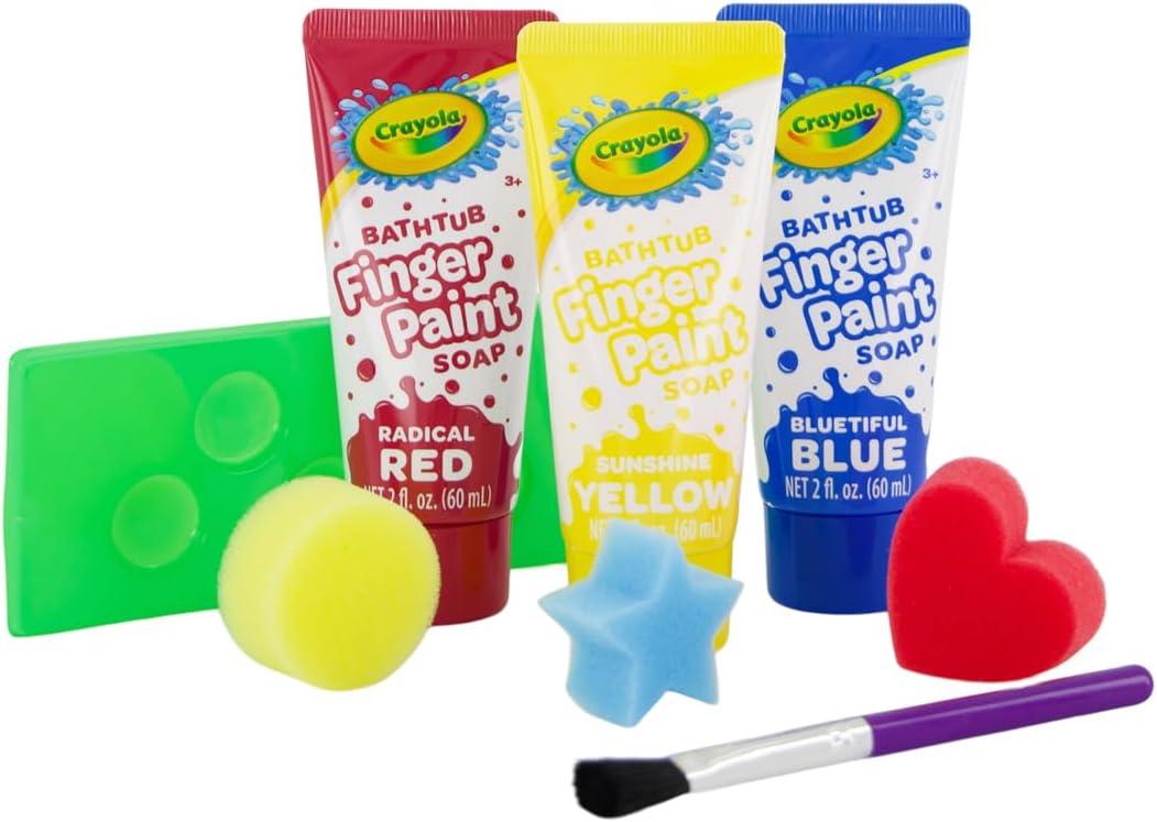 Crayola Bath Tub Mini Paint Set 9 Piece Art Kit – Brushes, Sponges, & Wash Away Finger Paints, Blue Yellow & Red Color Tub Fingerpaints