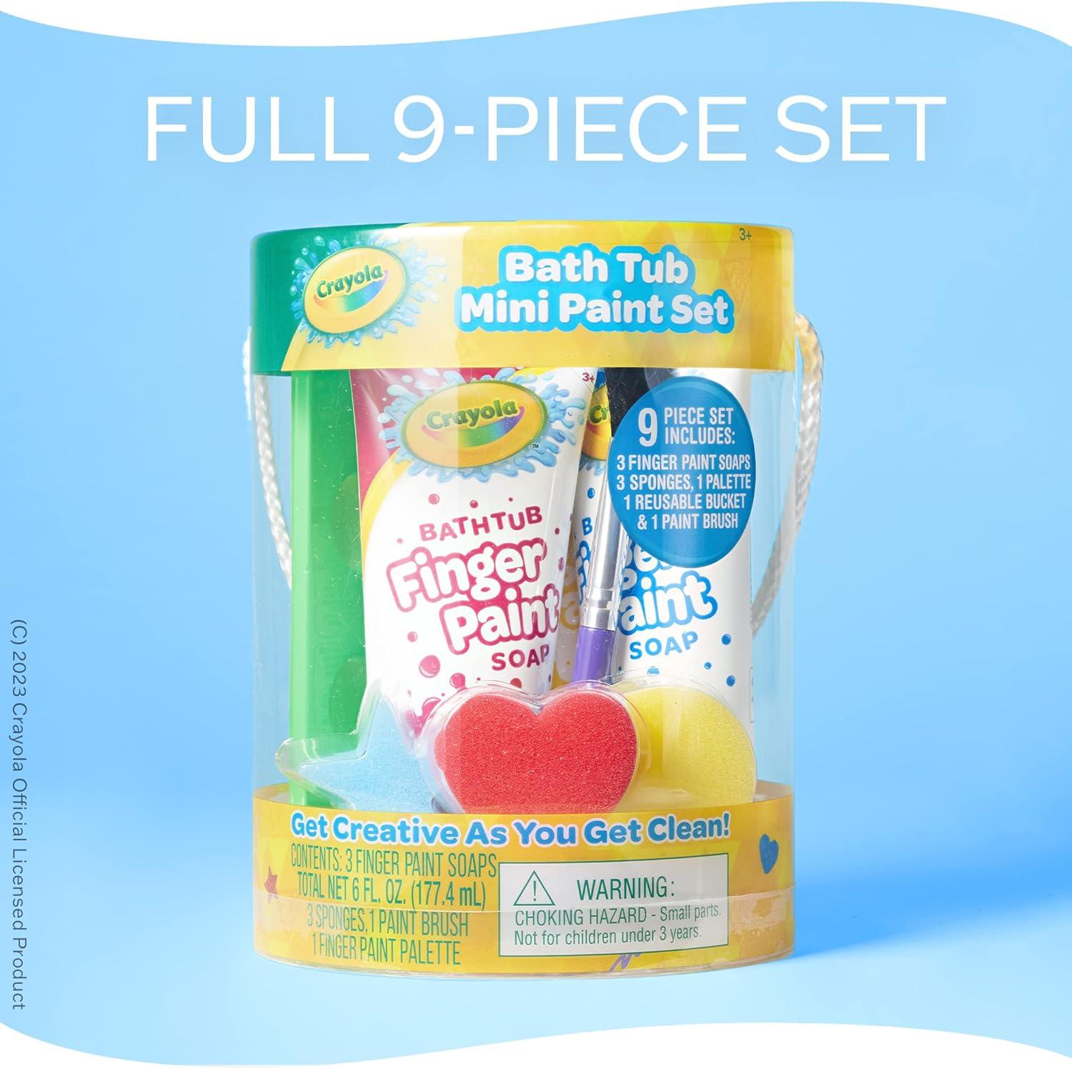 Crayola Bath Tub Mini Paint Set 9 Piece Art Kit – Brushes, Sponges, & Wash Away Finger Paints, Blue Yellow & Red Color Tub Fingerpaints