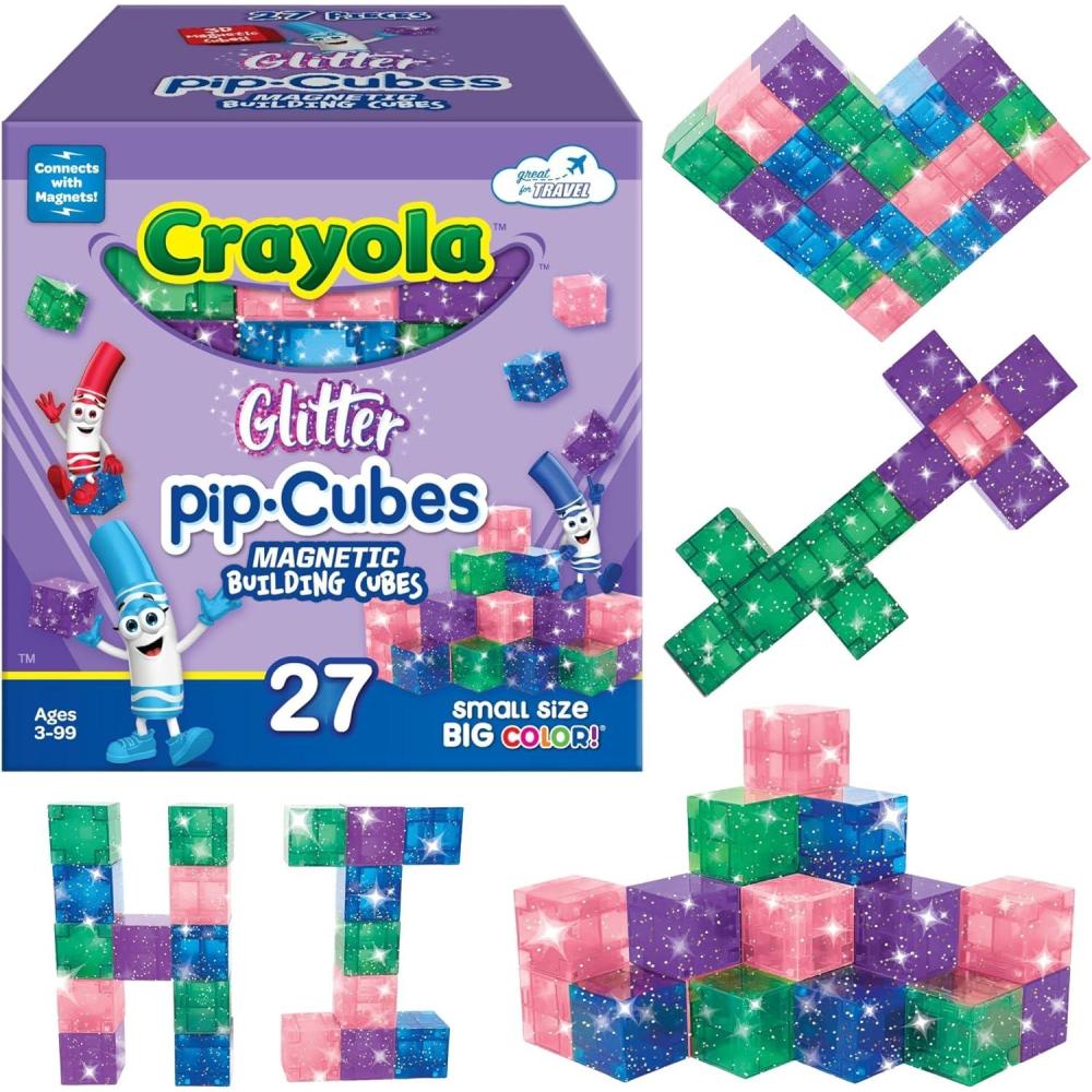 Crayola Glitter Magnetic PIP Cubes, Mini Magnetic Blocks Playset, STEM & Montessori Building & Educational Toys for Kids, Travel Toys for Boys and Girls Ages 3+, 27-Piece Set