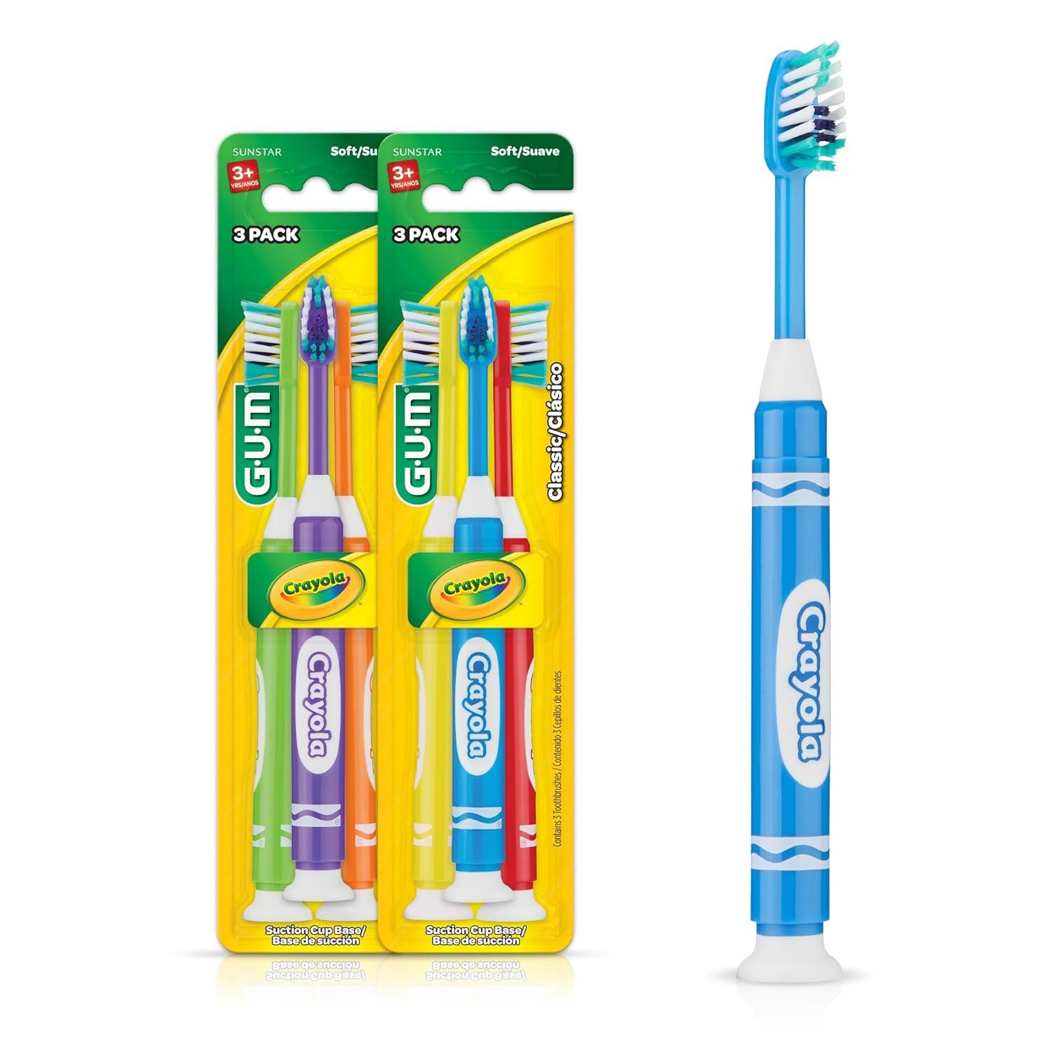 GUM Crayola Marker Children’s Toothbrush, Soft Bristled Kids’ Toothbrush Set Age 3+, Suction Cup Base, 3 Count(3 Count)