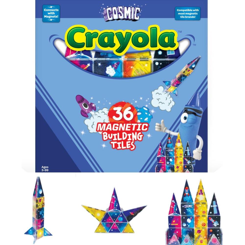 CreateOn Crayola Cosmic Magnetic Tiles, Building Set for Kids, Magnetic Building Toys for Kids, STEM Learning Toys for Boys and Girls Ages 3 and Up, 40-Piece Set (Cosmic)(36 Pieces)