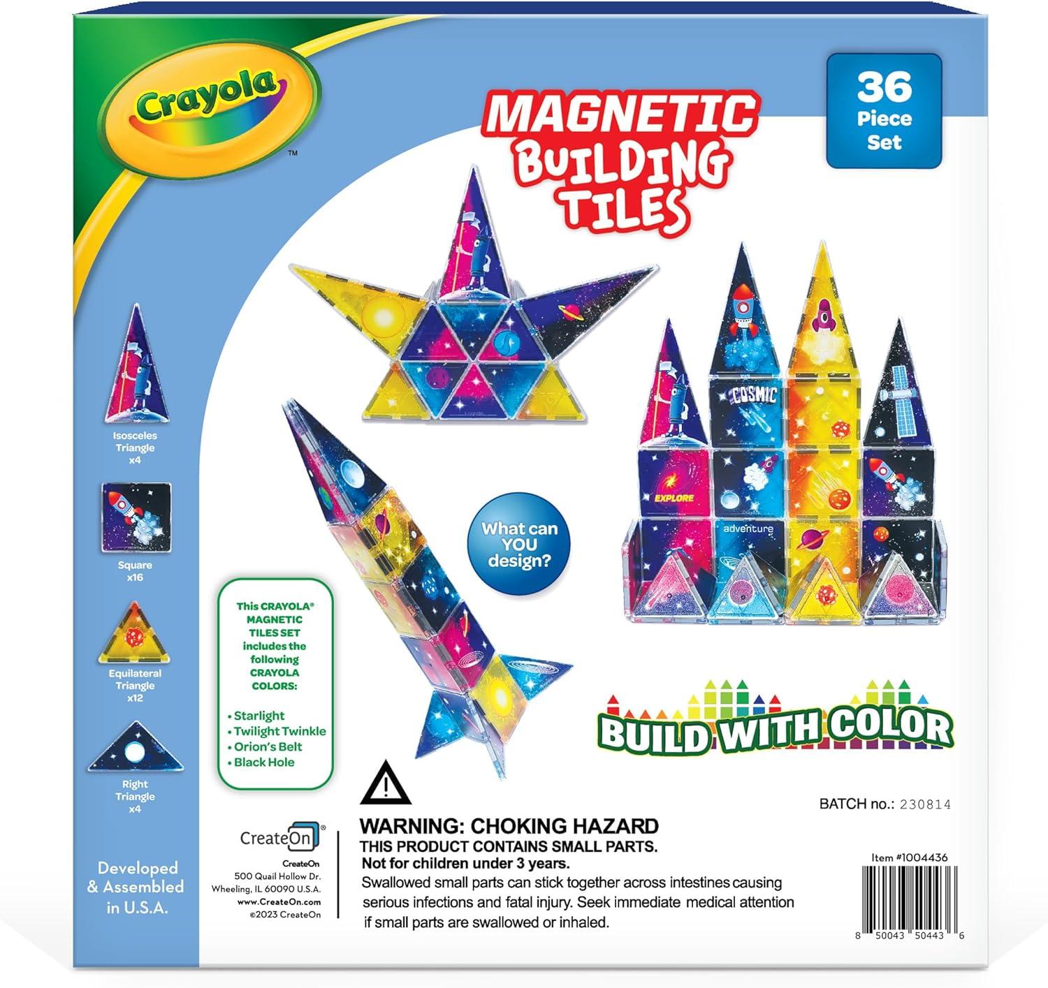 CreateOn Crayola Cosmic Magnetic Tiles, Building Set for Kids, Magnetic Building Toys for Kids, STEM Learning Toys for Boys and Girls Ages 3 and Up, 40-Piece Set (Cosmic)(36 Pieces)
