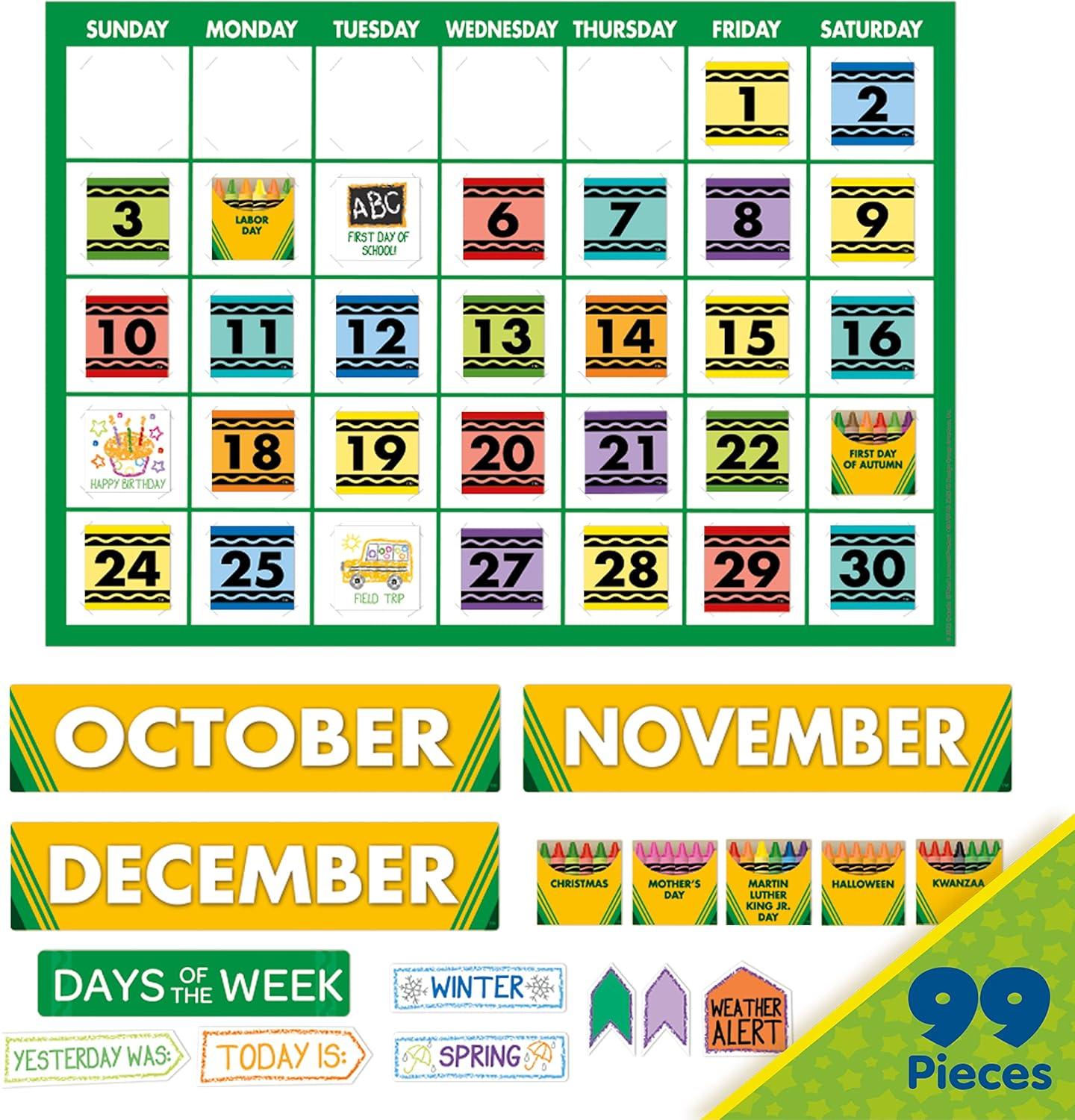 Eureka Crayola Colors and Shapes Classroom Calendar Bulletin Board Set for Teachers, 28 Pieces