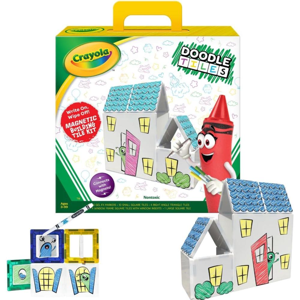 CreateOn Crayola Glitter Magnetic Tiles, Building Set for Kids, Magnetic Tiles, Kids’ Building Toys, STEM & Montessori Toys for Boys and Girls Ages 3+, 24-Piece Set (Glitter)(Doodle)