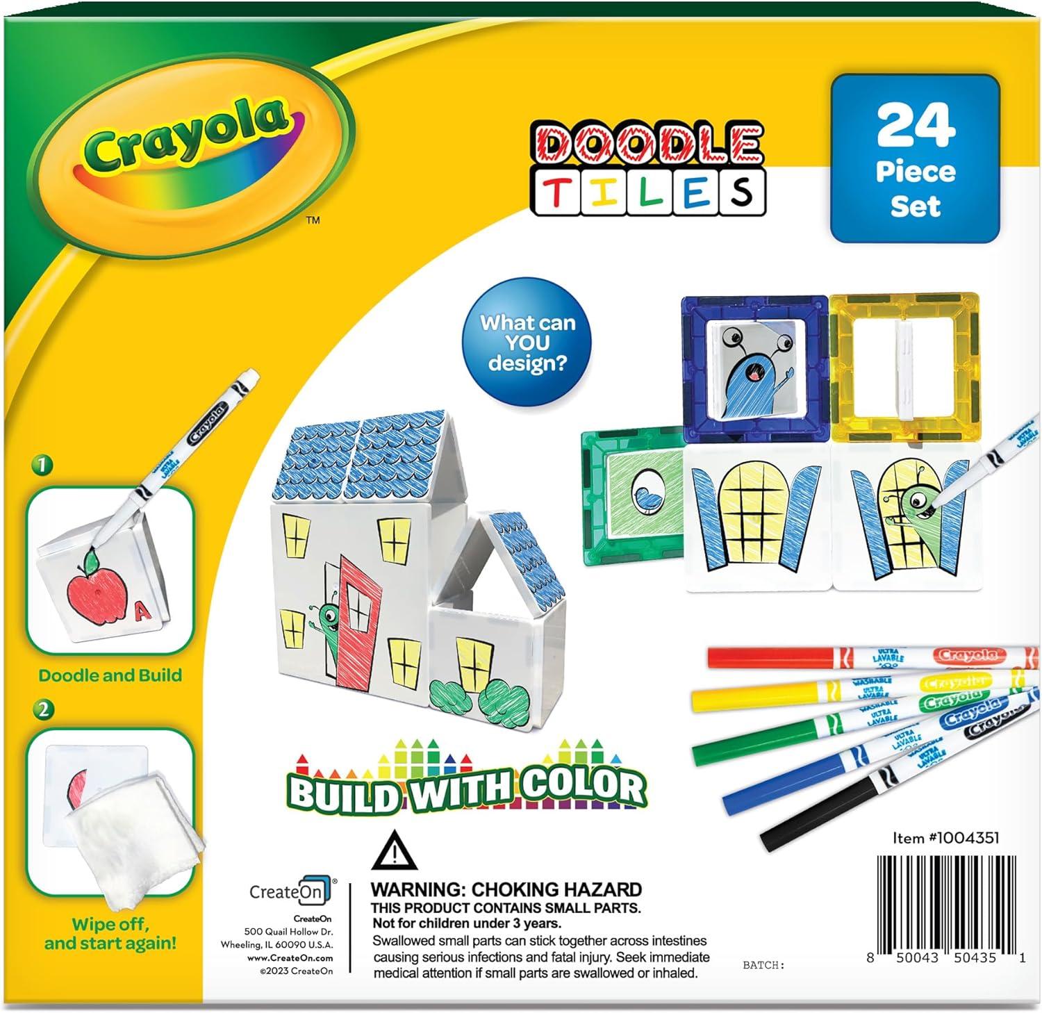 CreateOn Crayola Glitter Magnetic Tiles, Building Set for Kids, Magnetic Tiles, Kids’ Building Toys, STEM & Montessori Toys for Boys and Girls Ages 3+, 24-Piece Set (Glitter)(Doodle)