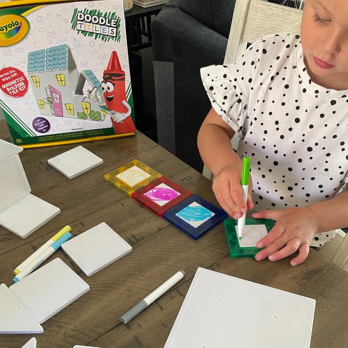 CreateOn Crayola Glitter Magnetic Tiles, Building Set for Kids, Magnetic Tiles, Kids’ Building Toys, STEM & Montessori Toys for Boys and Girls Ages 3+, 24-Piece Set (Glitter)(Doodle)
