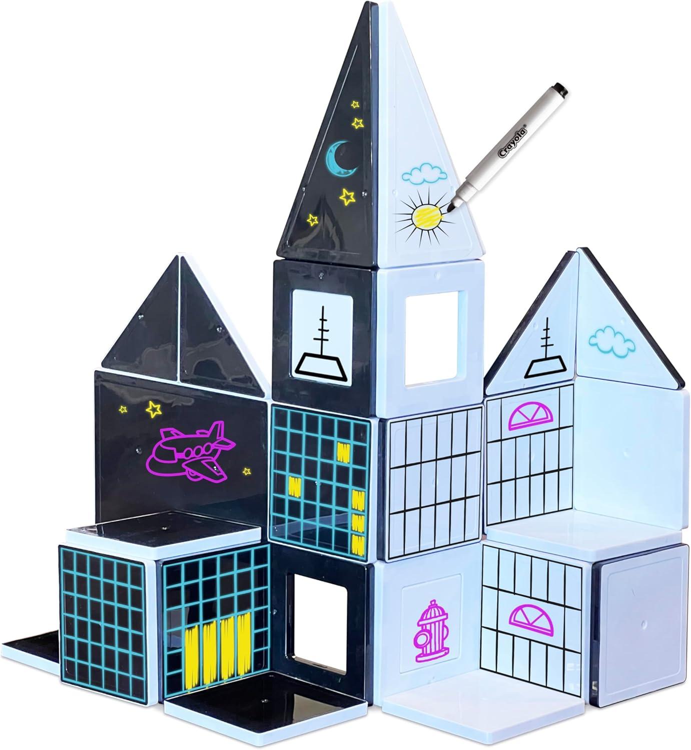 CreateOn Crayola Black & White Doodle Magnetic Tiles, Magnetic Building Toys for Kids, STEM Toys for Boys and Girls Ages 3+ (35-Piece Set)