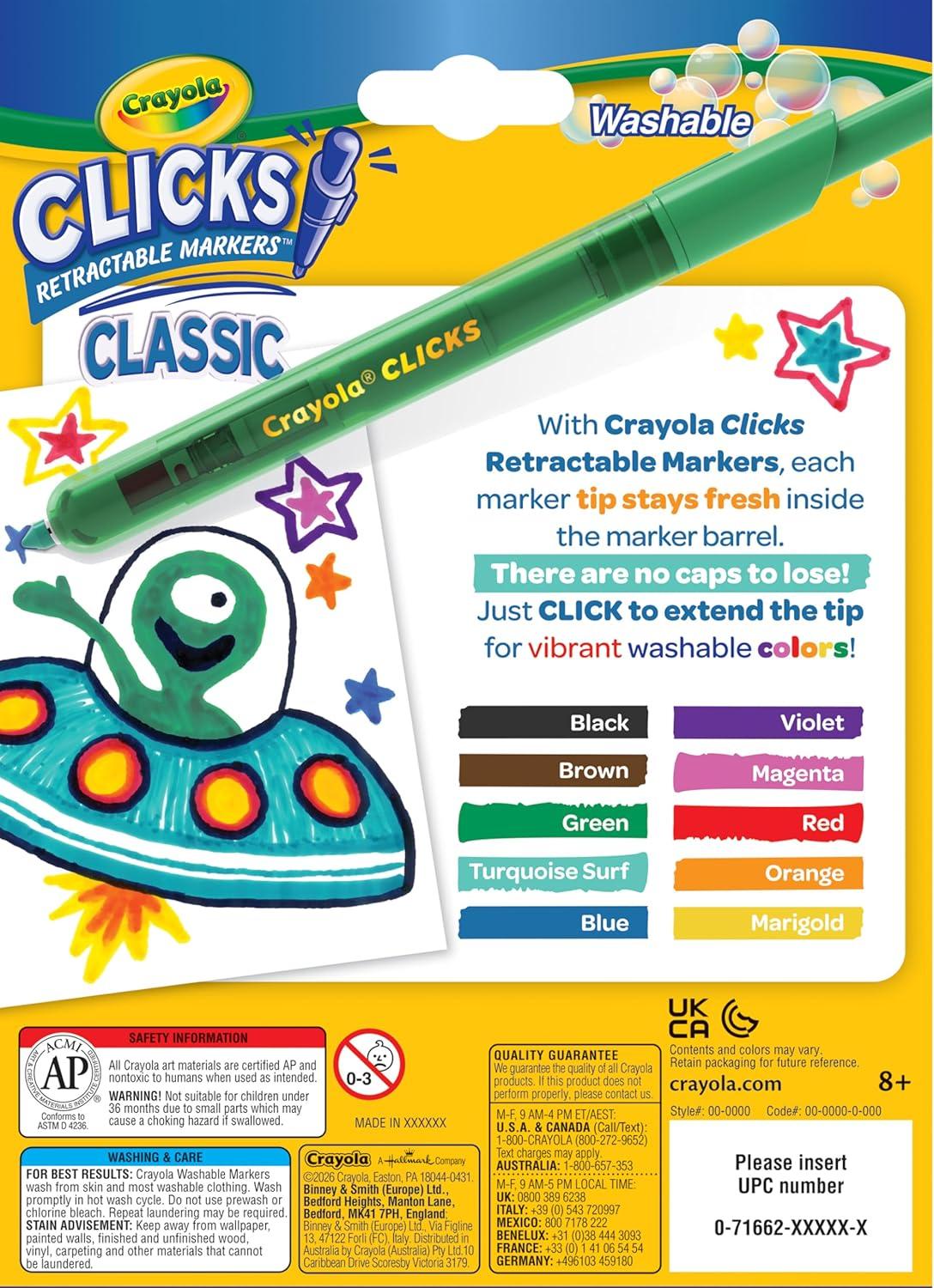 Crayola Clicks Retractable Markers – Bold (10ct), Stocking Stuffers for Kids & Toddlers, Christmas Gifts for Grandkids, No Dry Washable Markers for Kids(Classics)