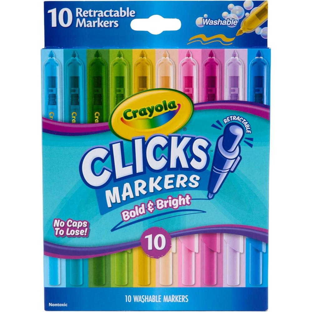 Crayola Clicks Retractable Markers – Bold (10ct), Stocking Stuffers for Kids & Toddlers, Christmas Gifts for Grandkids, No Dry Washable Markers for Kids(Bold & Bright)