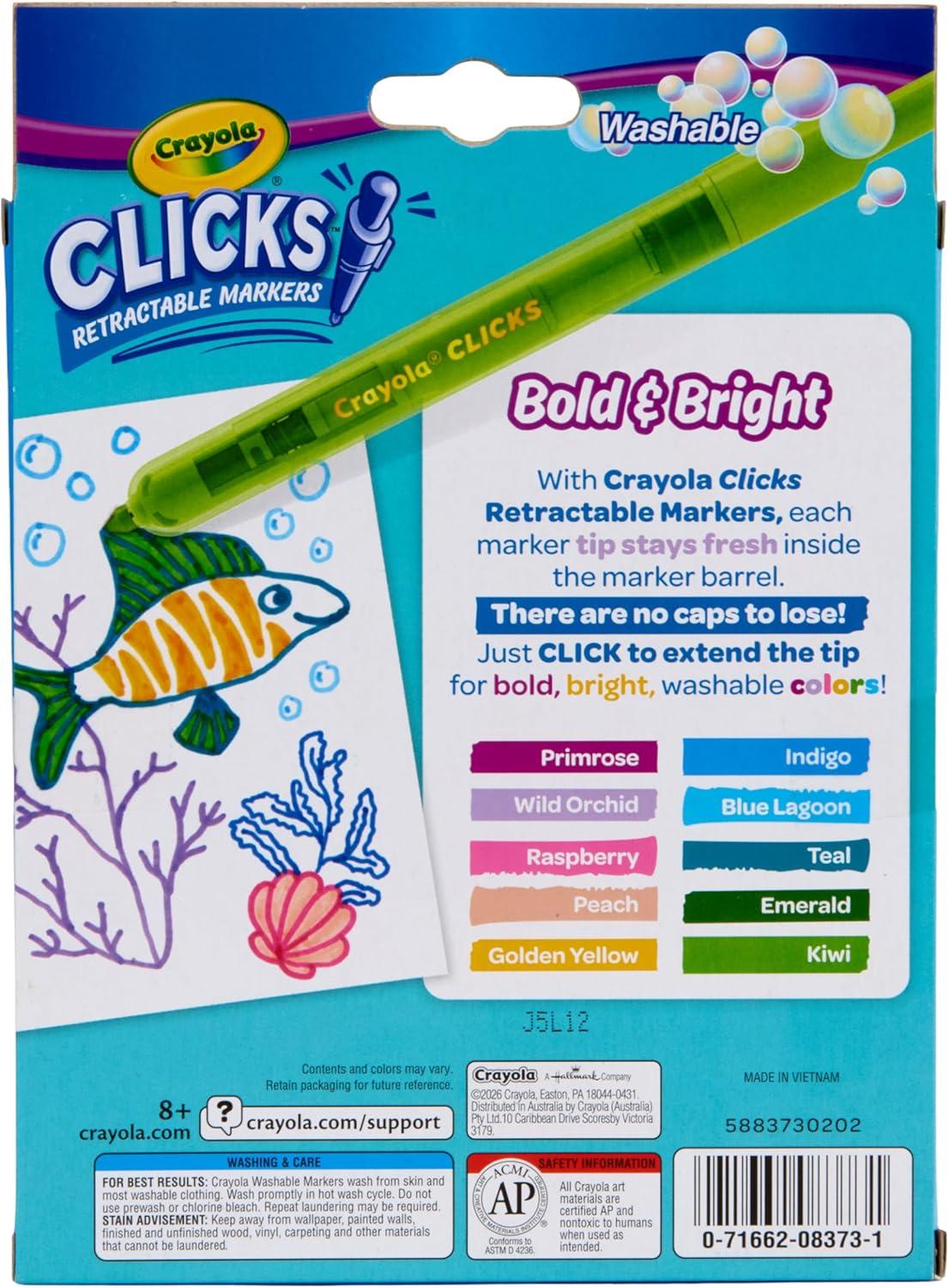 Crayola Clicks Retractable Markers – Bold (10ct), Stocking Stuffers for Kids & Toddlers, Christmas Gifts for Grandkids, No Dry Washable Markers for Kids(Bold & Bright)