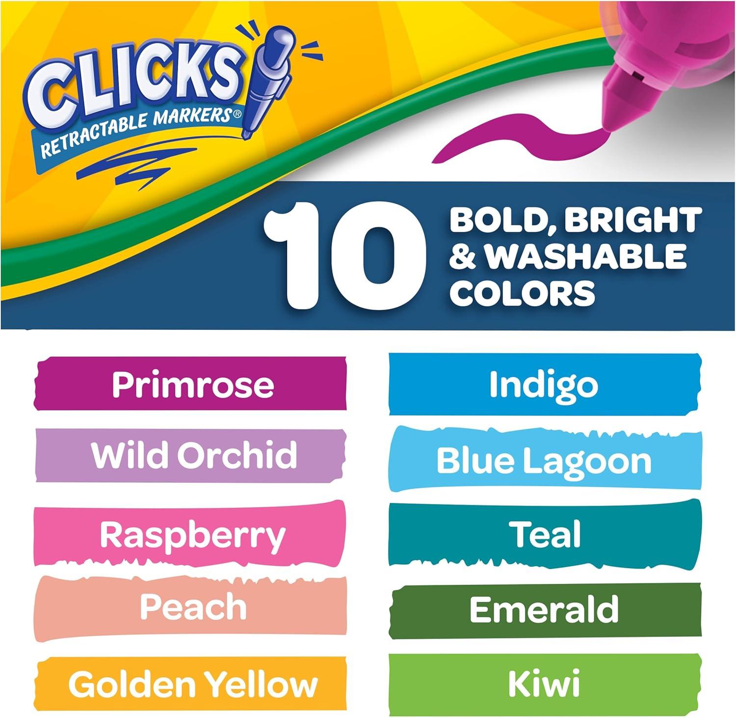 Crayola Clicks Retractable Markers – Bold (10ct), Stocking Stuffers for Kids & Toddlers, Christmas Gifts for Grandkids, No Dry Washable Markers for Kids(Bold & Bright)