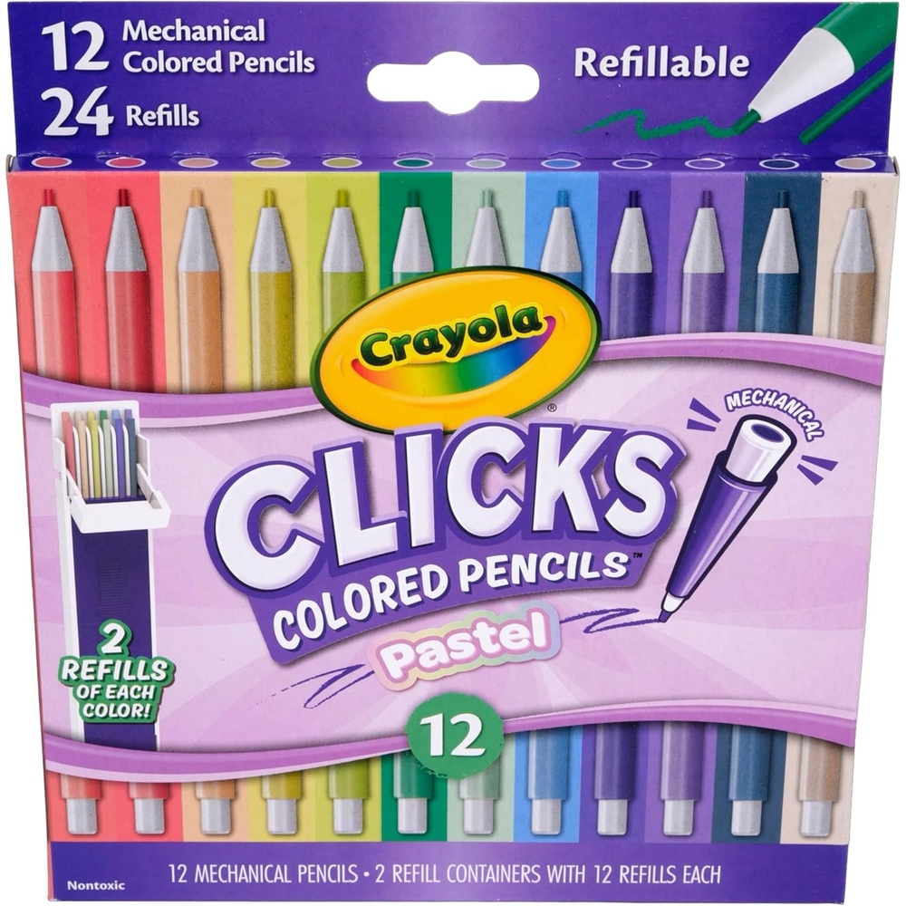 Crayola Clicks 2.0mm Mechanical Colored Pencil Set, Essential Easter Basket Stuffers, 12 Pastel Colors, Coloring Pencils for Kids, No Sharpen, 24 Replacement Cores, Ages 5+(Pastel)