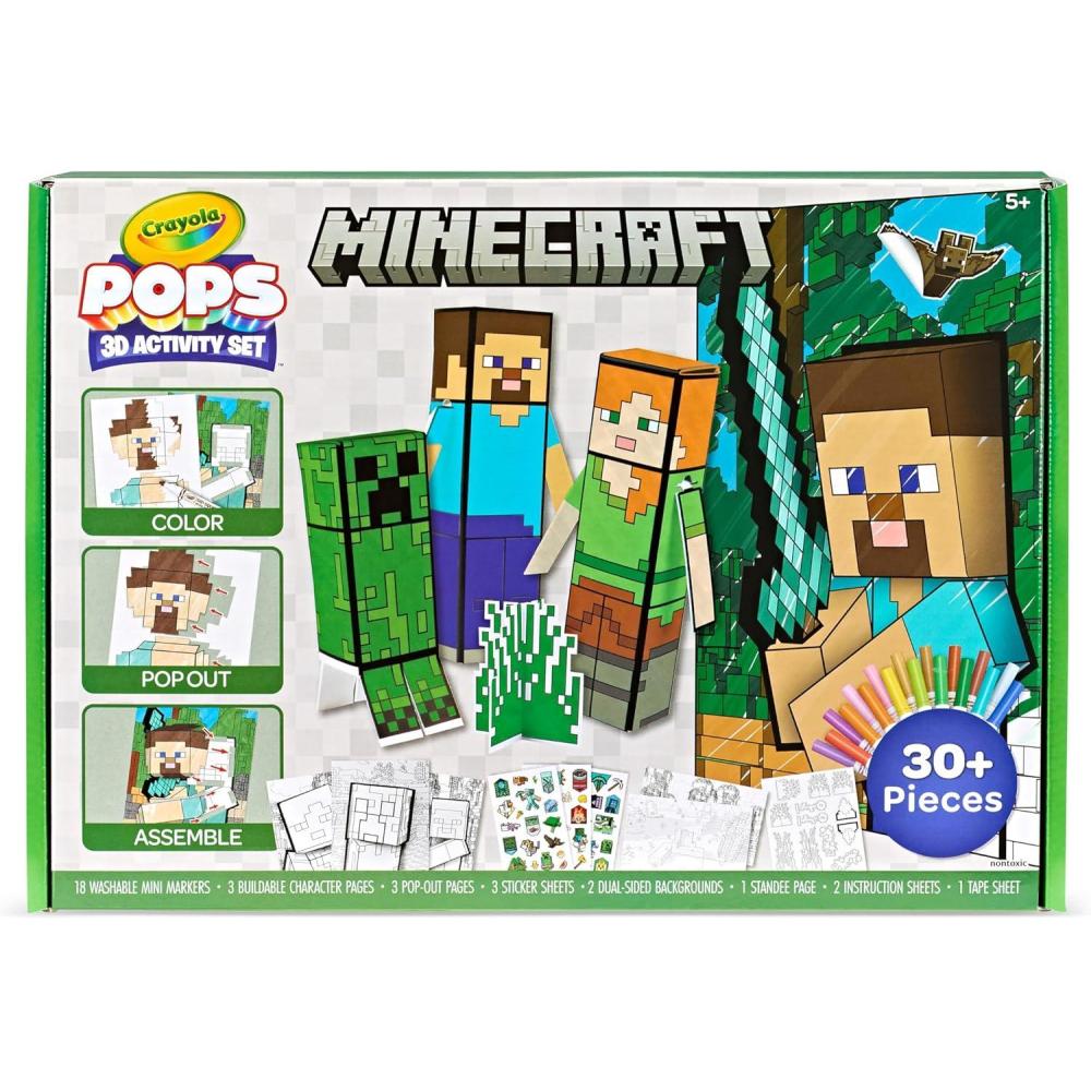 Crayola Minecraft POPs 3D Art Kit for Kids, Create 3D Characters, Coloring Activity Set with Markers & Stickers, Minecraft Toys, Gift for Boys & Girls
