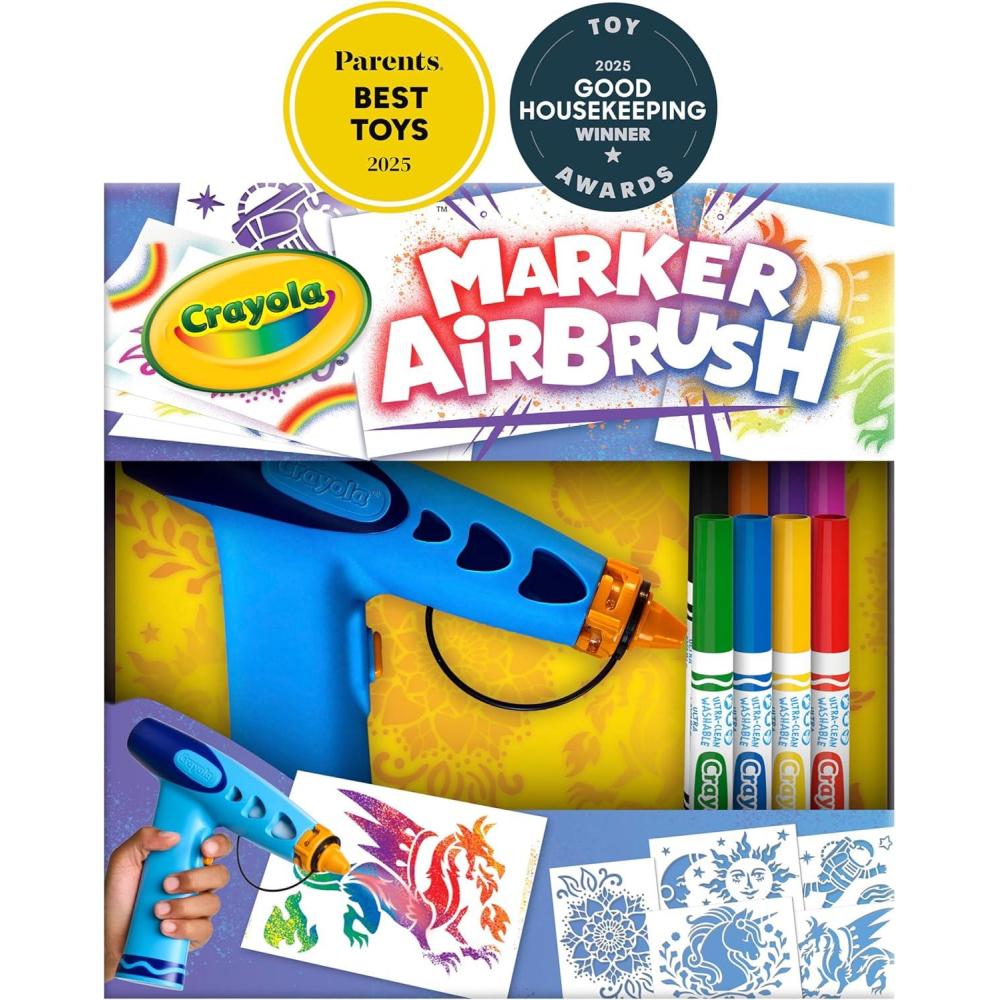 Crayola Marker Airbrush Spray Art Kit, Battery-Powered Sprayer with 8 Washable Markers & 5 Stencils, Holiday for Kids, DIY Craft Set, Ages 6+