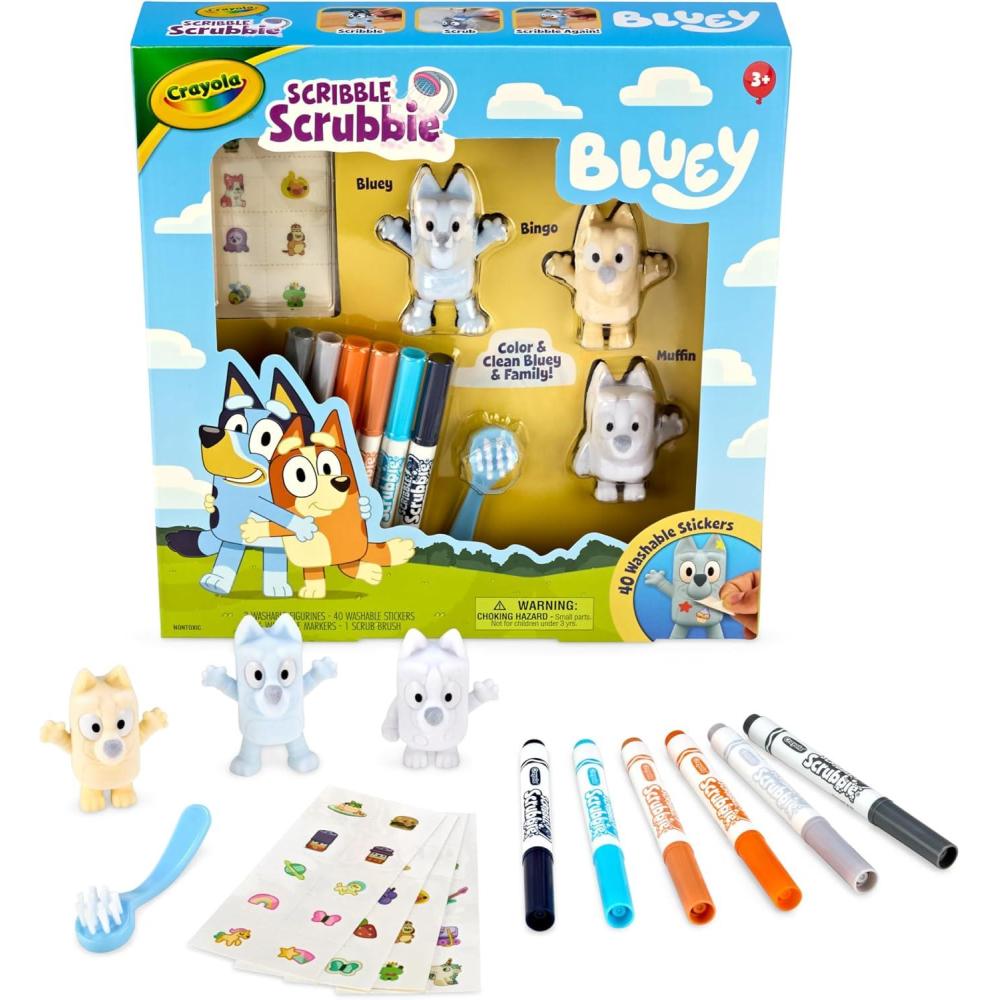 Crayola Scribble Scrubbies Bluey Poolside Playset (4ct), Washable Bluey Toy Set for Kids, Holiday for Toddlers, with Bingo, Chilli, and Bandit, Ages 3+(Deluxe)