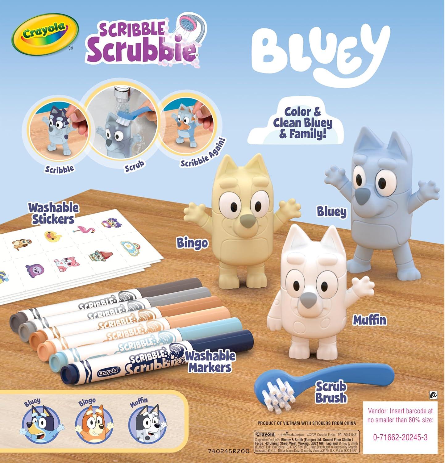 Crayola Scribble Scrubbies Bluey Poolside Playset (4ct), Washable Bluey Toy Set for Kids, Holiday for Toddlers, with Bingo, Chilli, and Bandit, Ages 3+(Deluxe)